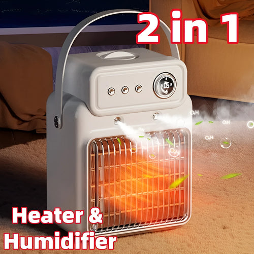 White 2-in-1 ceramic table heater and humidifier with digital control panel.