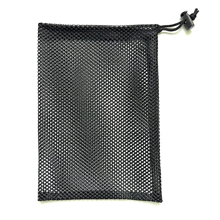 Black drawstring mesh storage bag for children's water balloons, shown in three sizes on a plain background.
