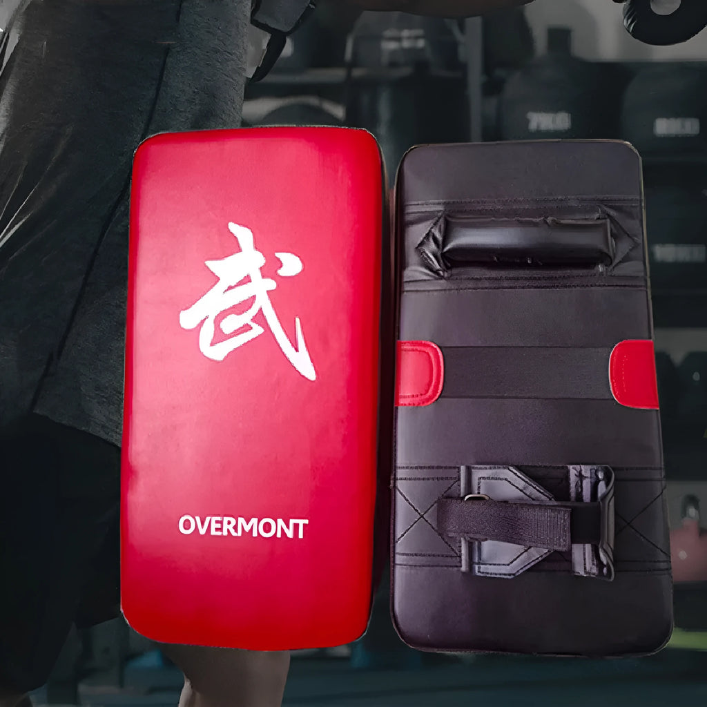 Red martial arts kick target for boxing and combat training with hand-sewn construction