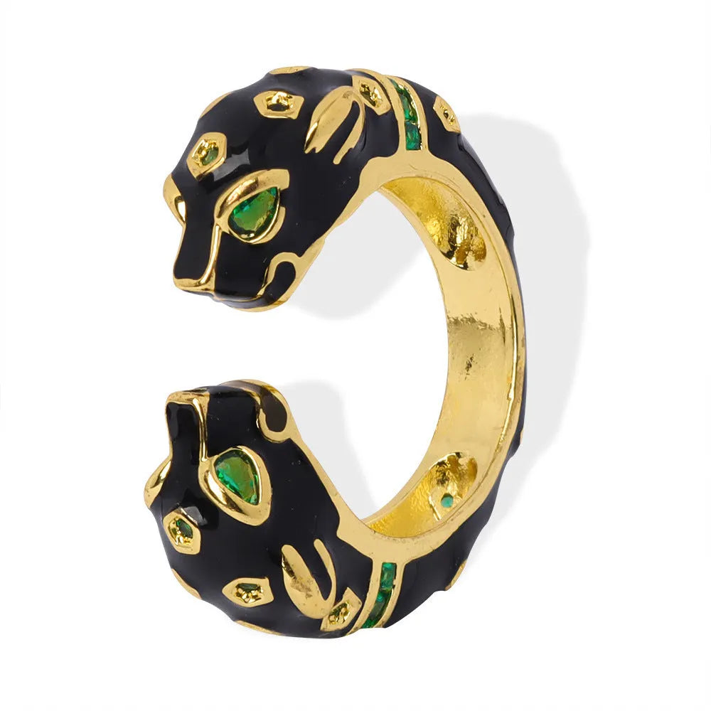 Geometric open ring with black cheetah pattern, copper construction, UK size 7 women's jewellery