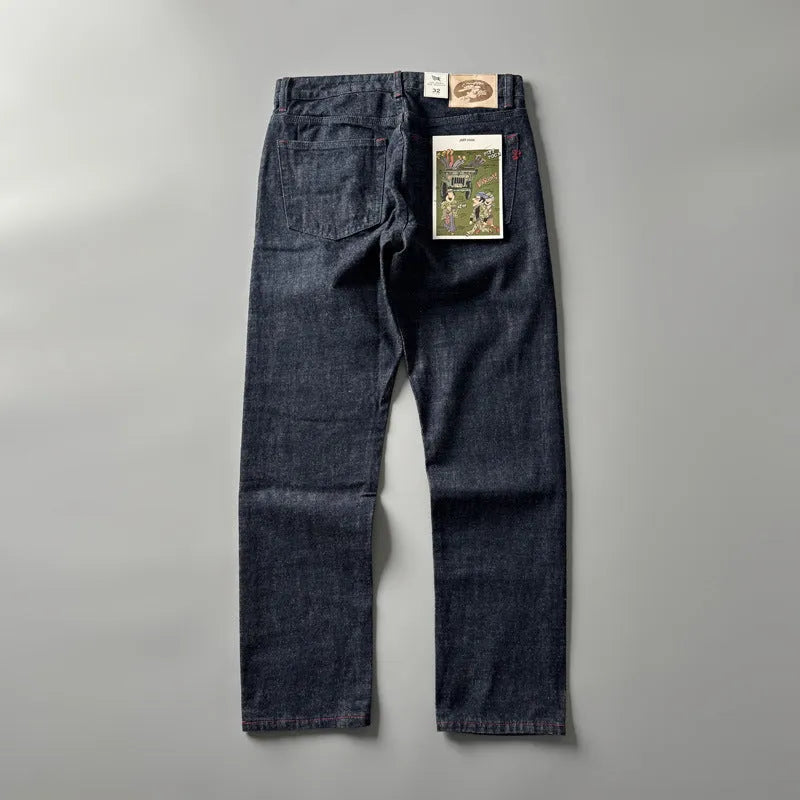 Men's straight-leg denim trousers in primary colour with mid-waist design and straight leg cut