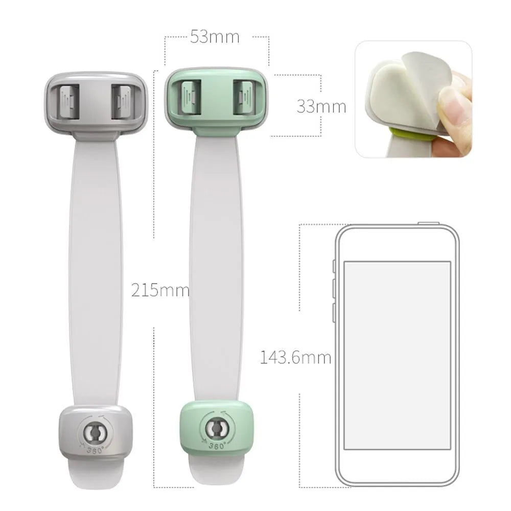 Grey and green adjustable adhesive child safety lock straps for cabinets and drawers.