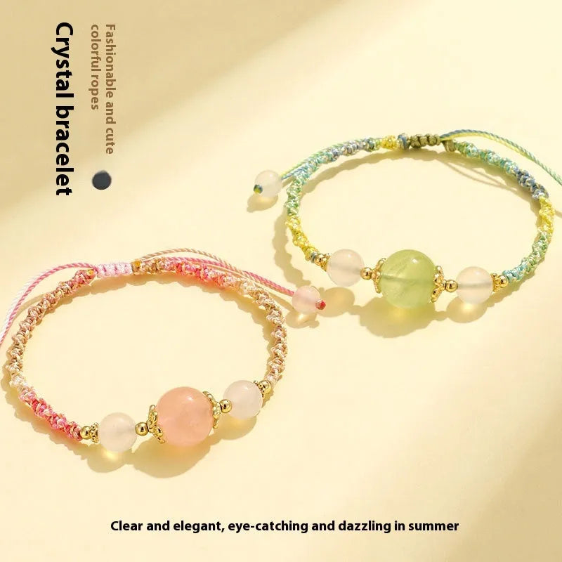 Hand-woven women's bracelet with white agate and a choice of strawberry quartz, pink crystal, or prehnite centre bead.