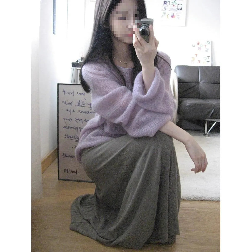 Women's round neck purple blouse with princess sleeves in Ice Silk fabric