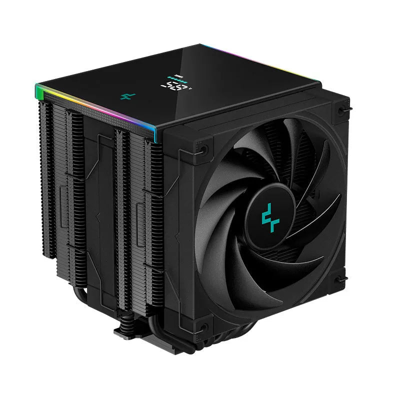 Black twin tower CPU air cooler with digital temperature display and dual fans installed on a motherboard.