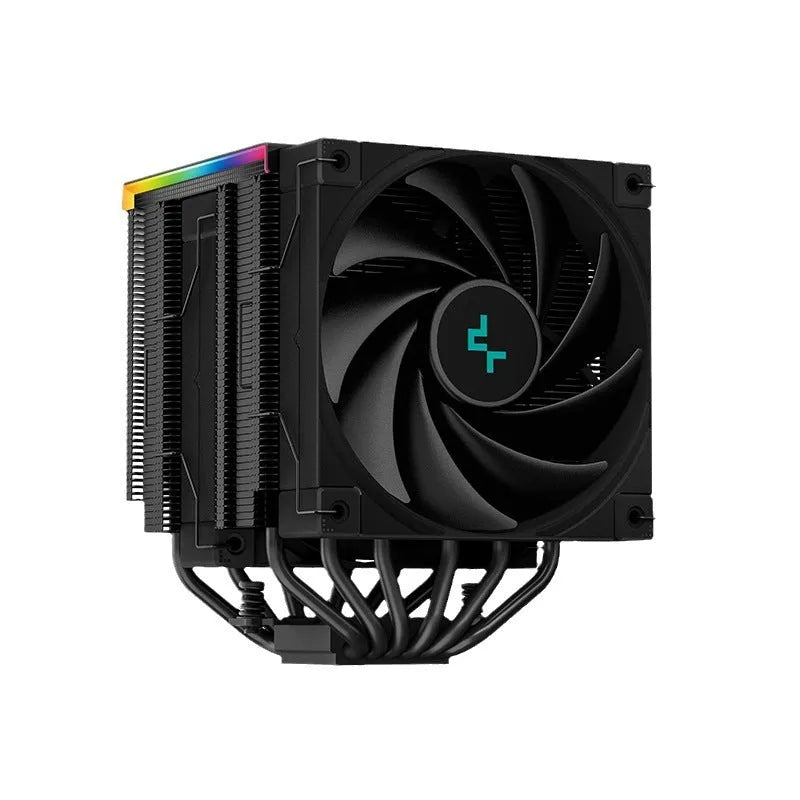 Black twin tower CPU air cooler with digital temperature display and dual fans installed on a motherboard.