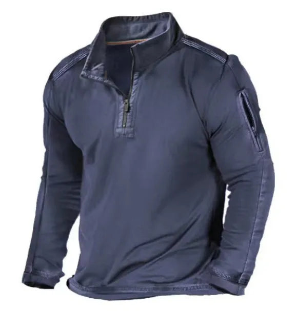 Men's grey zipped collar long-sleeved polyester sweater laid flat showing stand collar and pullover design