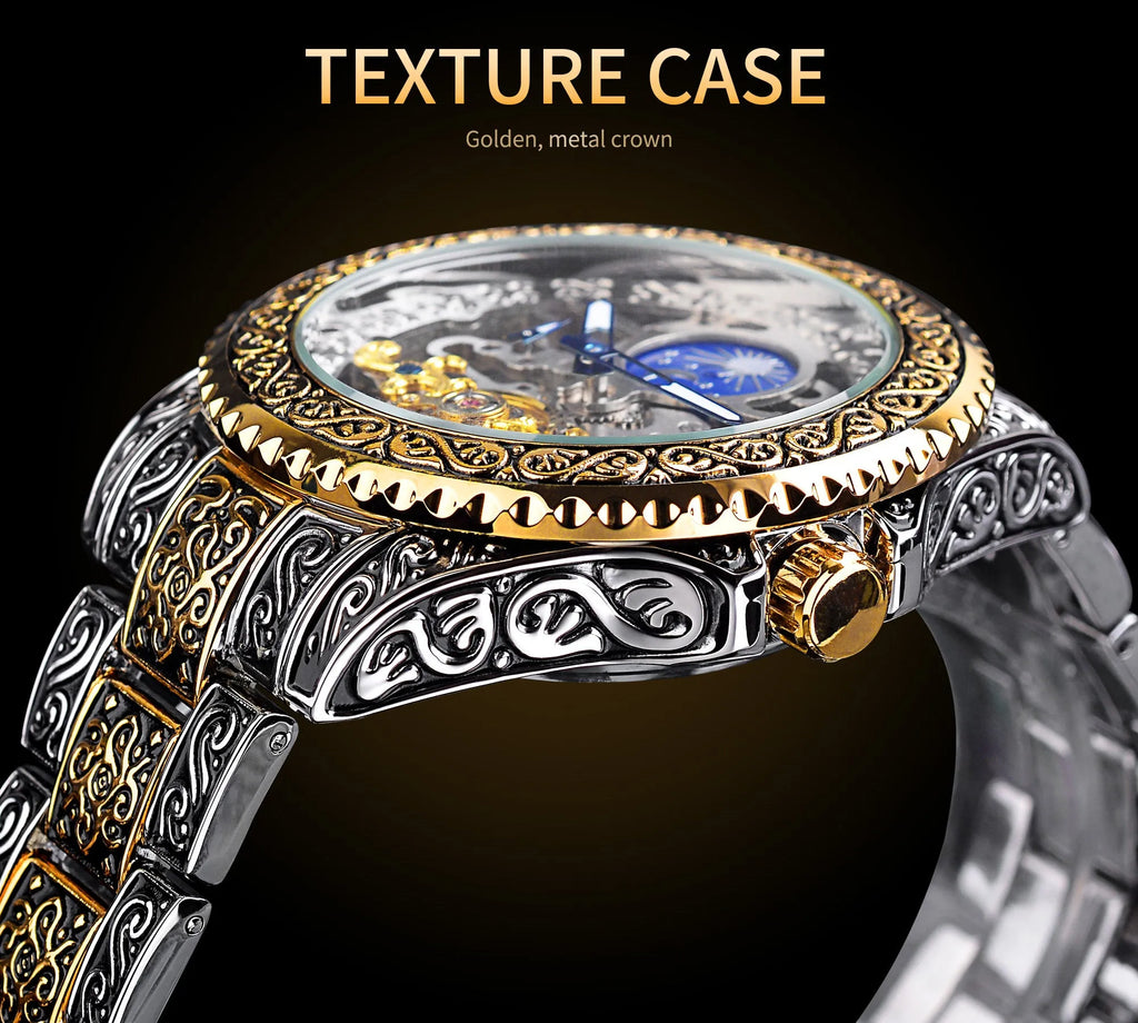 Forsining skeleton tourbillon automatic mechanical watch with stainless steel case and yellow finish