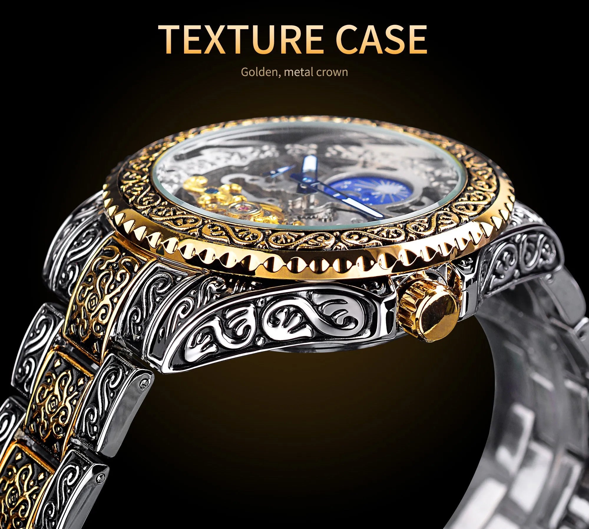 Forsining skeleton tourbillon automatic mechanical watch with stainless steel case and yellow finish