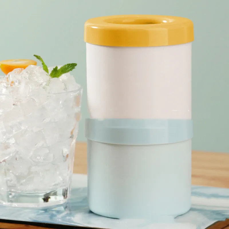 Blue-green portable 2-in-1 ice bucket and mould with lid showing 9 cm diameter and quick-freeze design