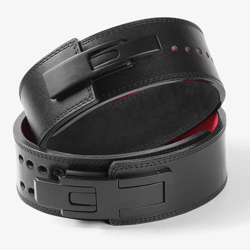 Black cowhide weight training waist support belt with adjustable waist, thick cushion, alloy double breasted buckle, sizes XS to XL