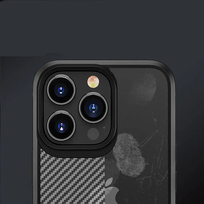 Black iPhone 13 protective case with carbon fibre pattern showing back and side view.