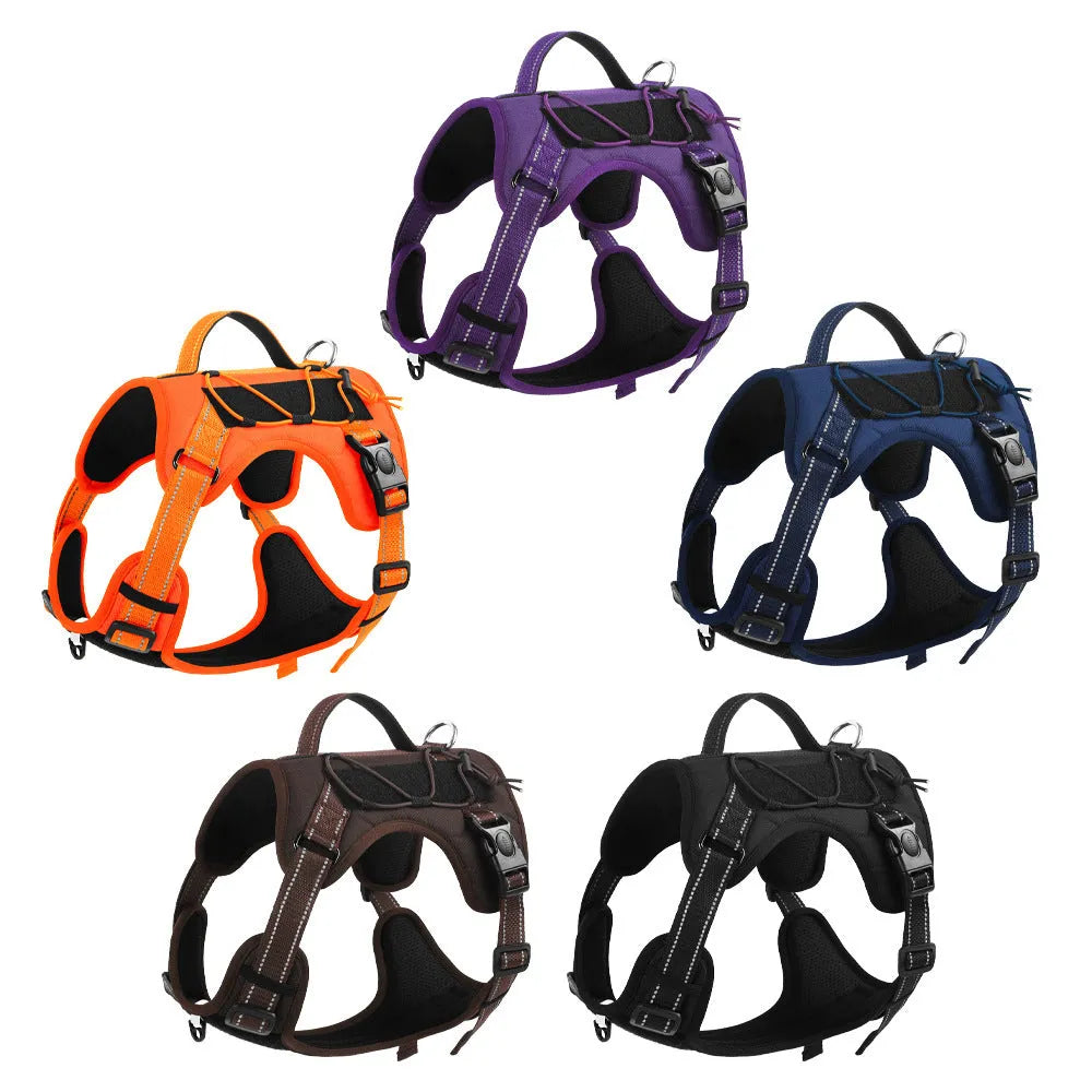 Adjustable dog harness with reflective strips and padded chest strap in multiple colours
