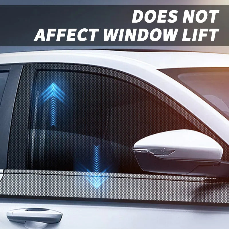 Car side window screen with double mesh installed on SUV window, showing elastic strip fixation