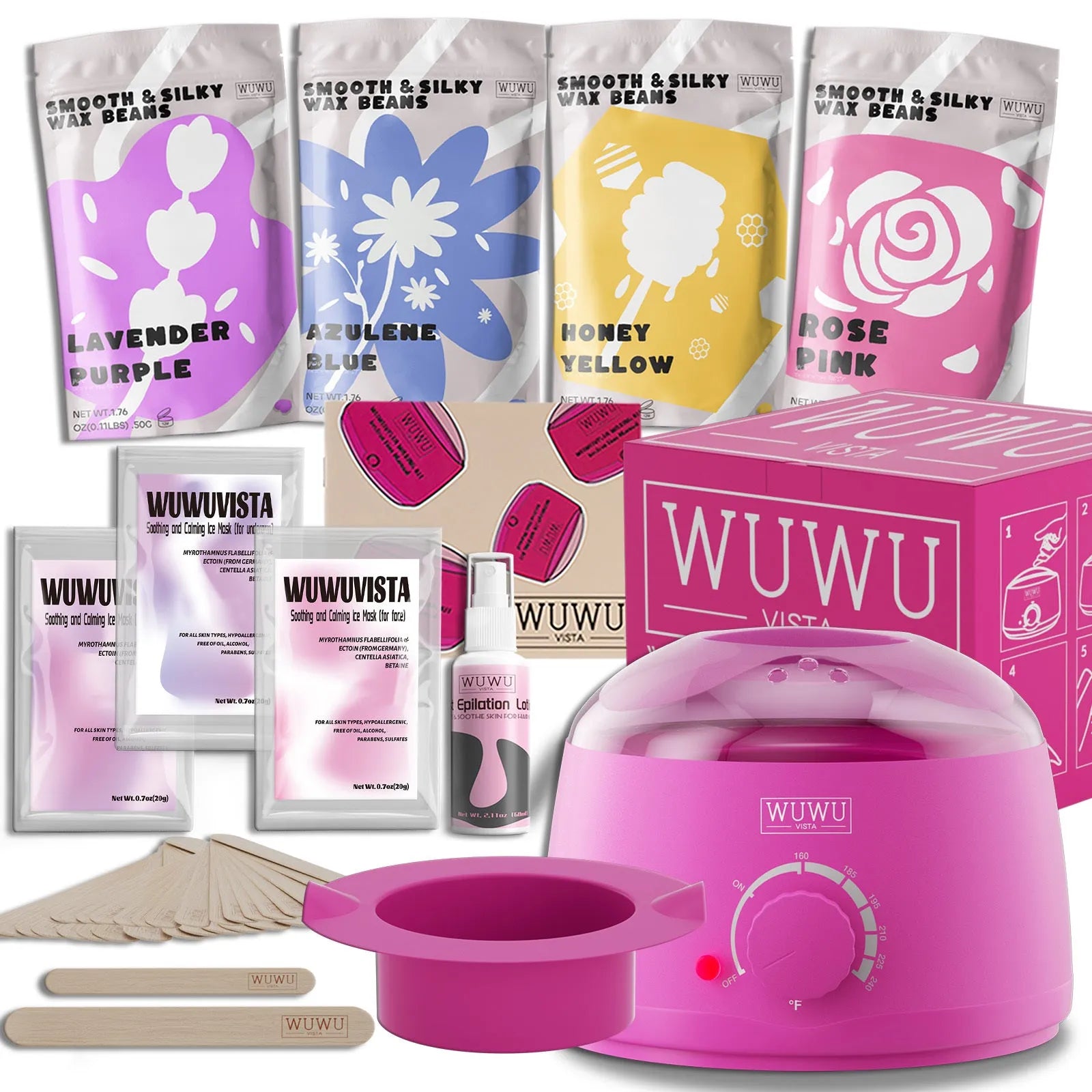 Waxing gift set with black warmer, wax beans, aftercare lotion, ice masks, and wax sticks for hair removal