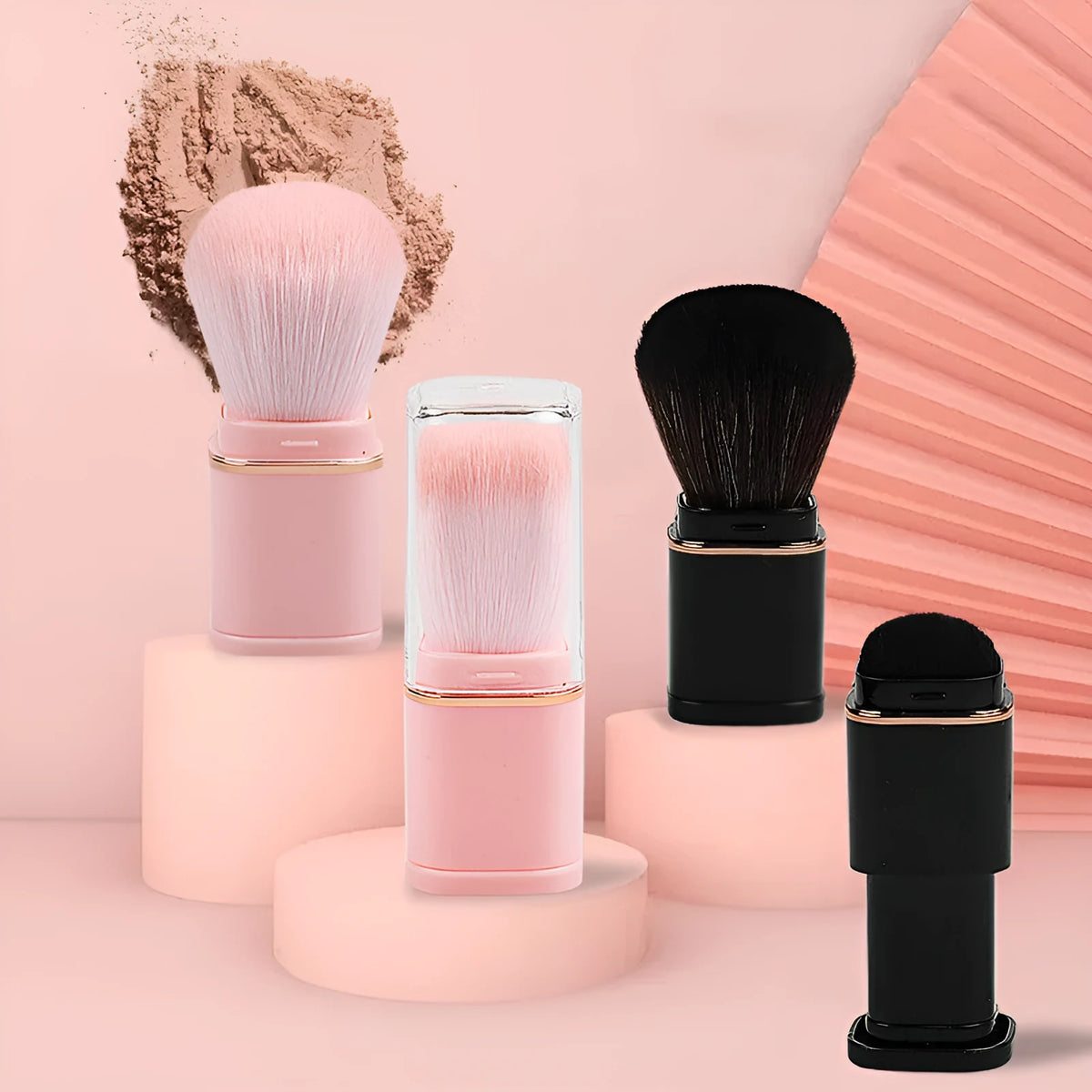 Retractable single head powder blusher brush with artificial fibre bristles, 7cm total length, Black or Pink
