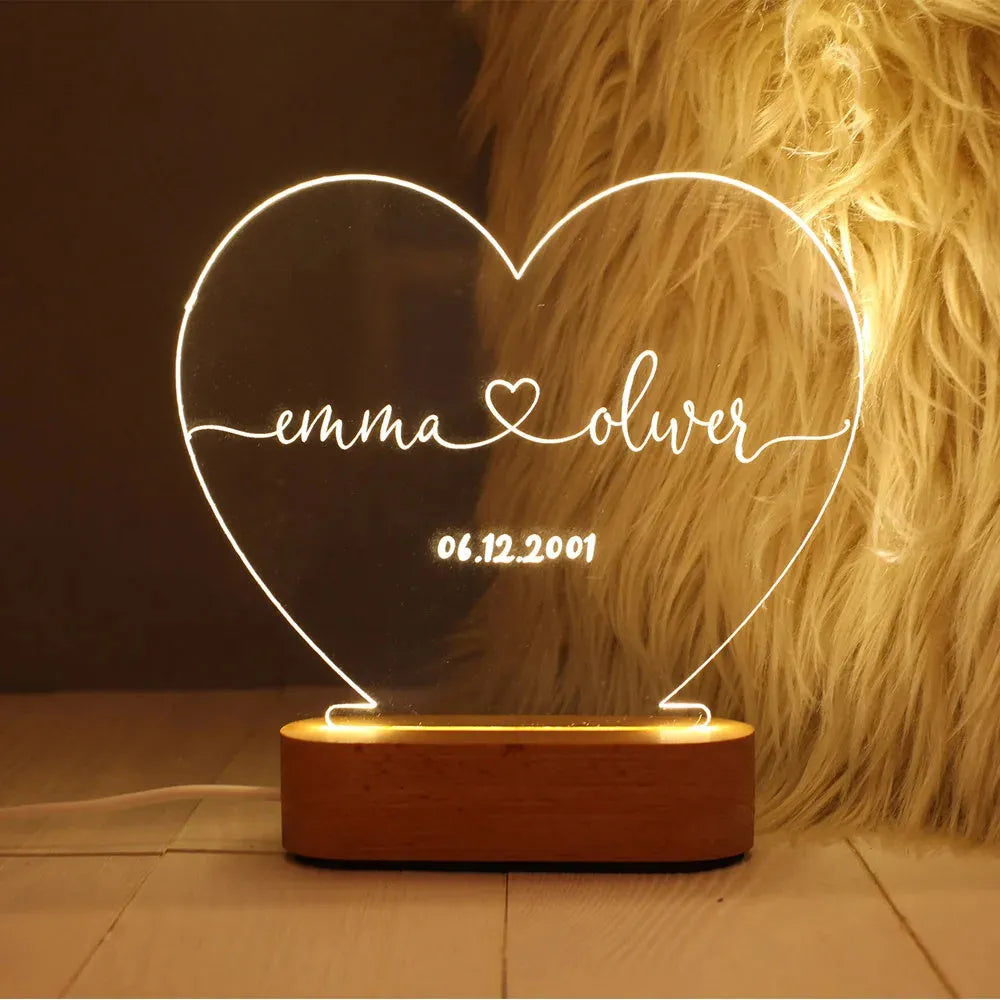 Custom LED night light with personalised text on 20cm x 11.5cm transparent acrylic plate, USB cable connected