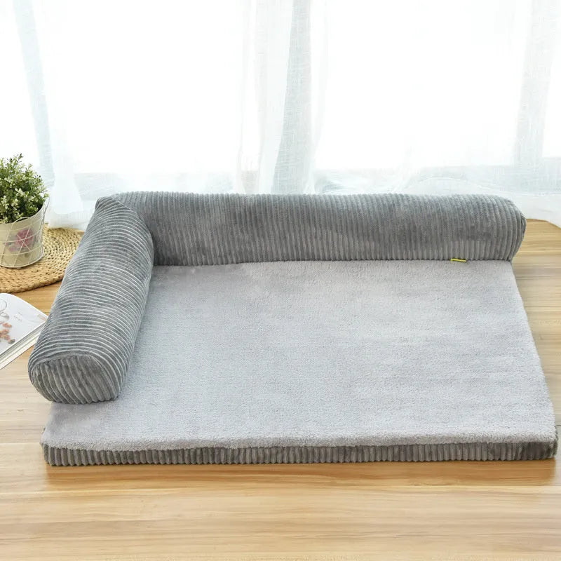 Corduroy pet sofa bed in grey with high-density sponge padding and non-slip base, size L for pets under 60 kg
