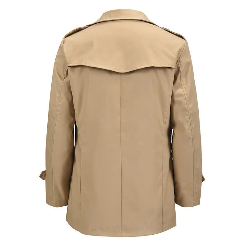 Men's khaki mid-length casual double-breasted jacket, loose fit, 50cm length, polyester