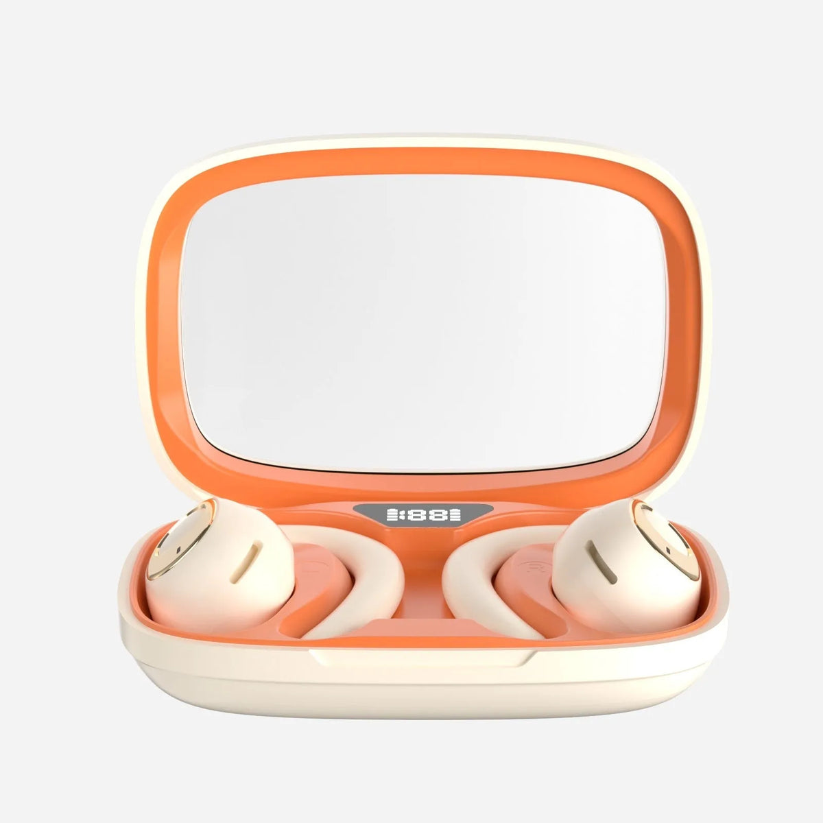 Bluetooth sports headset with ear hook, digital display, black or ivory white, silicone plastic.