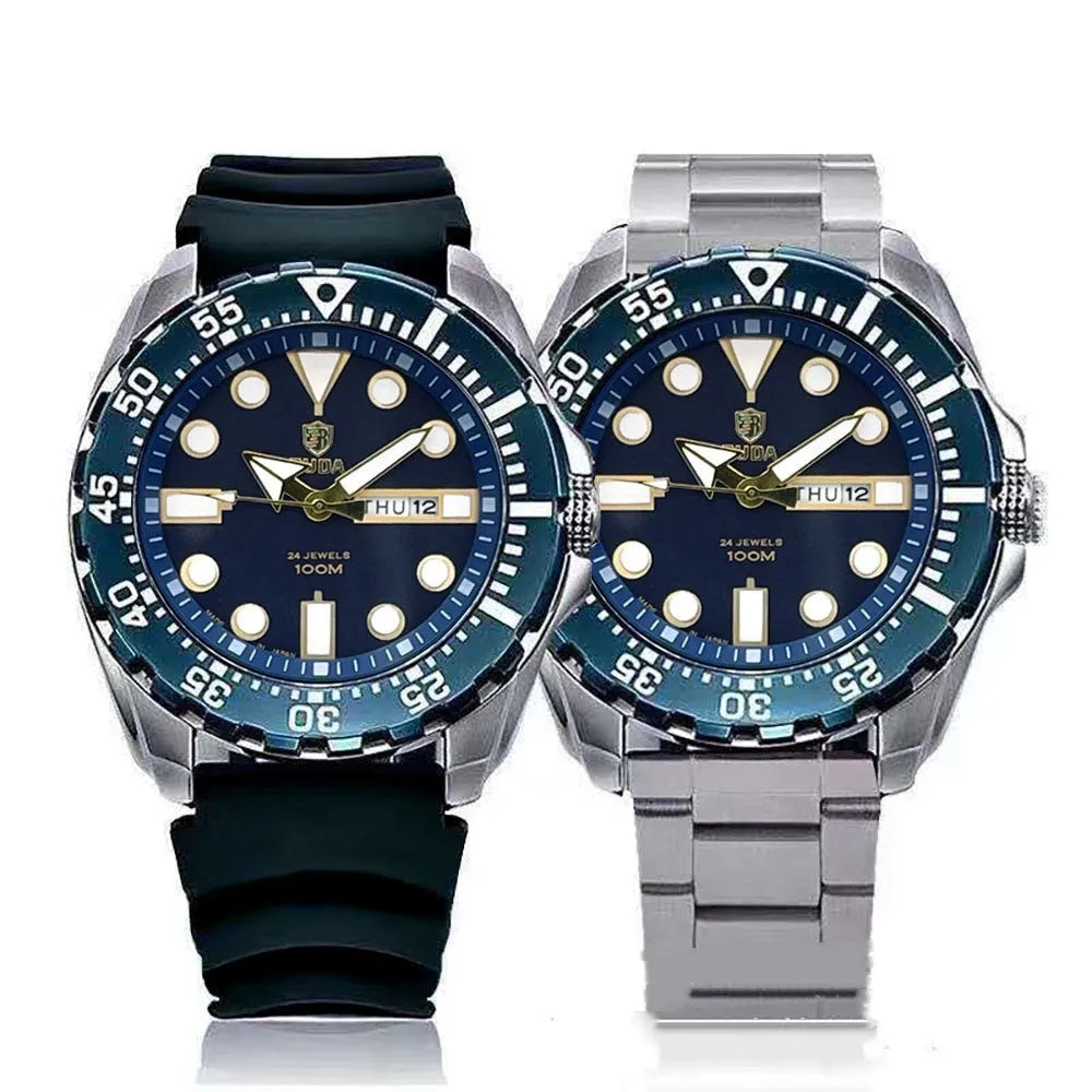 Waterproof luminous quartz men's watch with steel strap in blue colour option