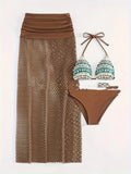 Women's three-piece bikini set with fishnet long skirt in gradient pattern, available in brown, rose pink, or black.