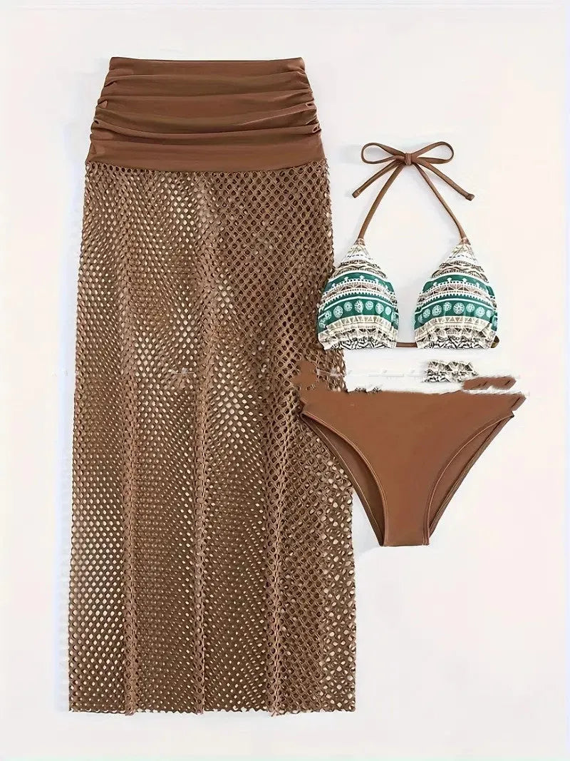 Women's three-piece bikini set with fishnet long skirt in gradient pattern, available in brown, rose pink, or black.