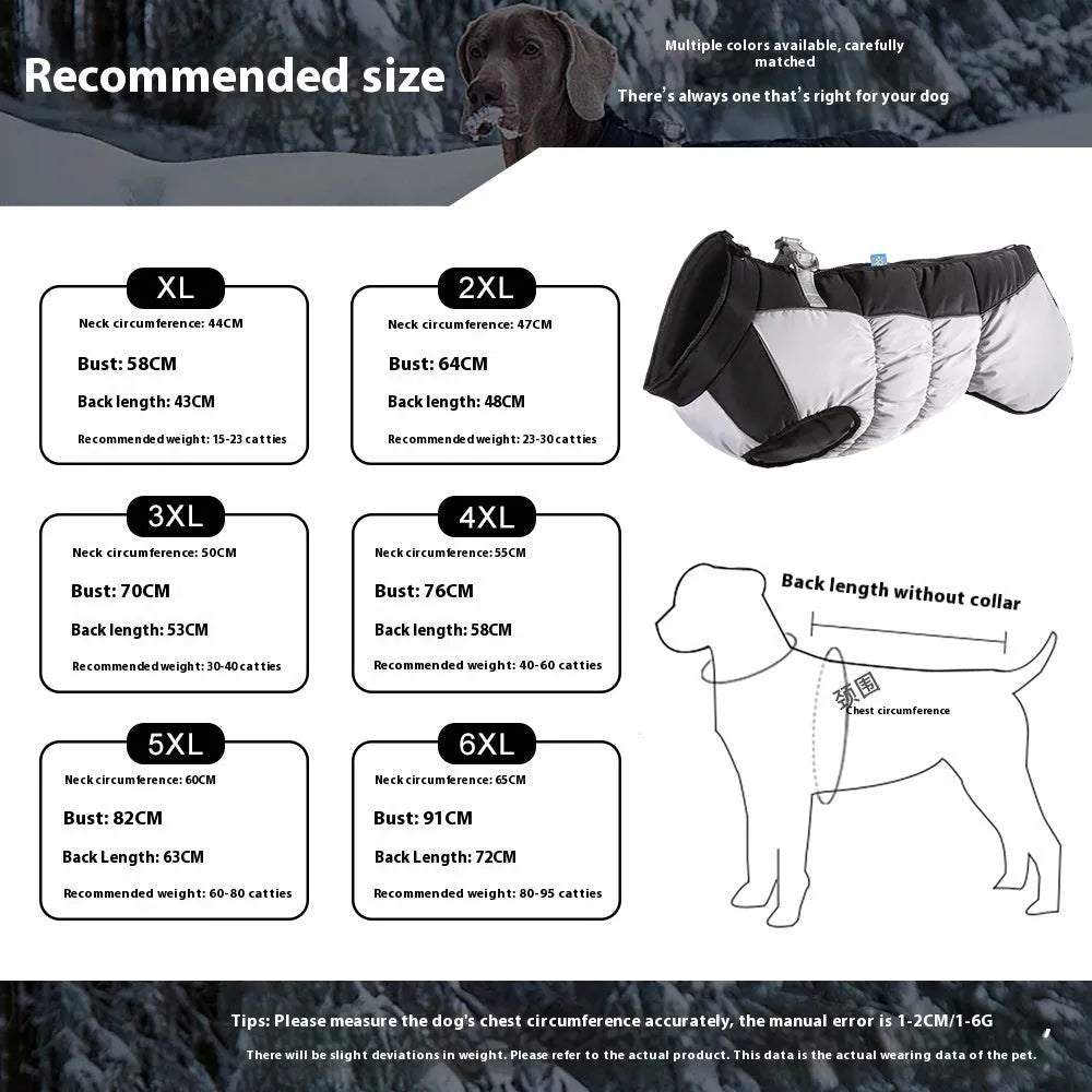 Large dog waterproof winter coat with reflective strips in polar fleece, available in multiple sizes and colours