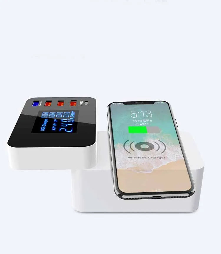 White multi-port USB charger with wireless charging pad and EU UK US plug adaptors