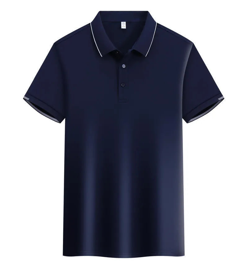 Men's apricot cotton blend loose polo shirt with a short sleeve and contrasting colour on the collar and lapel.