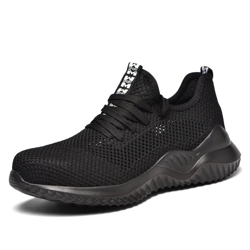 Steel toe cap safety shoes in black with EVA midsole for shock absorption, low-cut design
