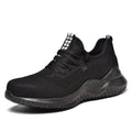 Steel toe cap safety shoes in black with EVA midsole for shock absorption, low-cut design