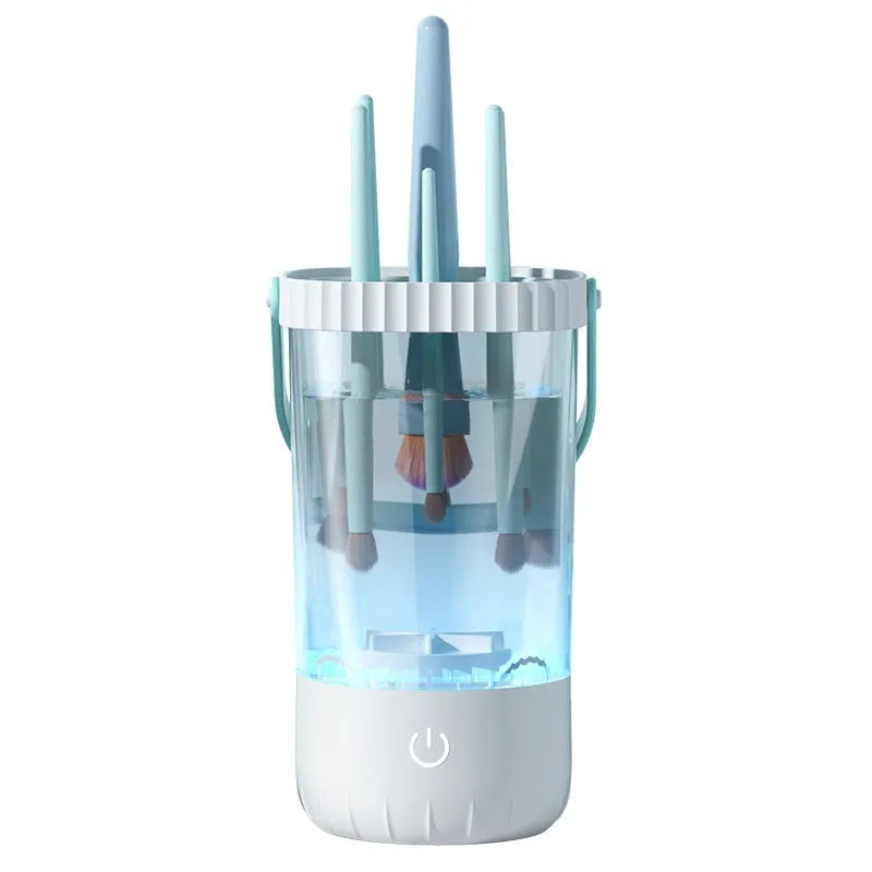 White electric makeup brush cleaning device with rotating silicone heads, 24cm length, USB rechargeable battery