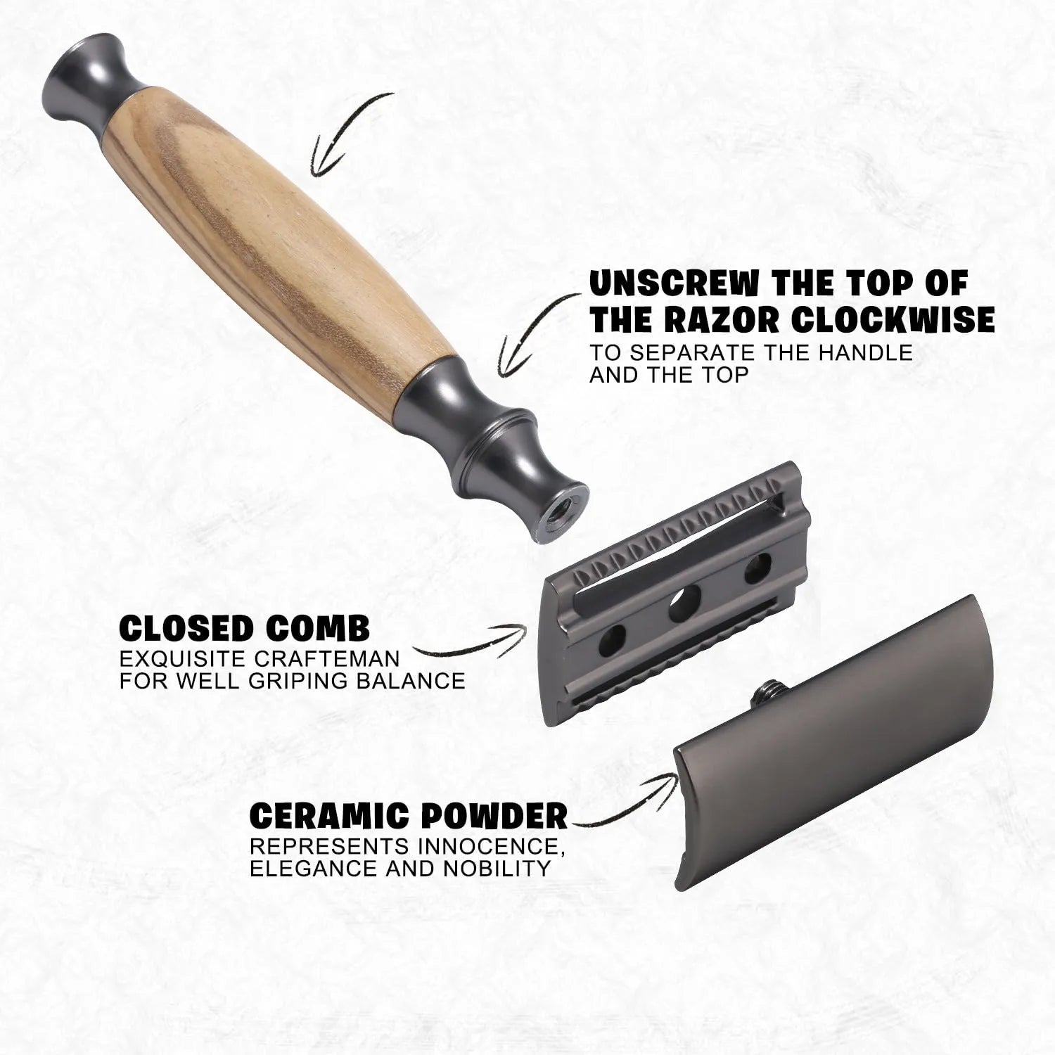Men's copper manual shaving razor with olive wood handle and aluminium alloy components