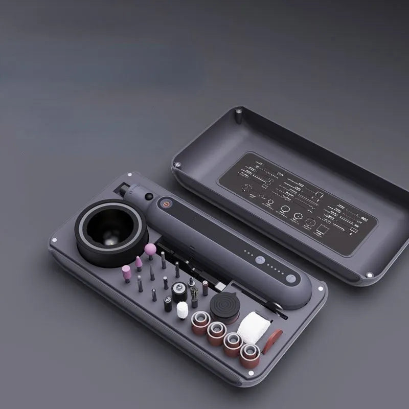 Mini electric polishing cutting machine set with lithium battery showing 5-gear adjustment and 3.2mm clamping mechanism