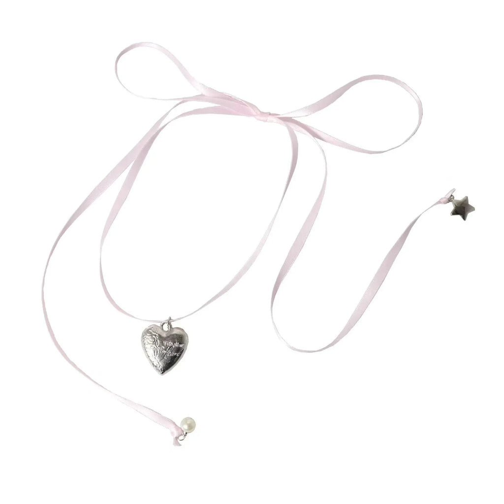 Women's ribbon love pendant fashion necklace in electroplated alloy, available in 33 colours on clavicle-length chain