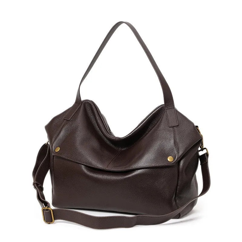 Brown genuine leather women's shoulder bag with a horizontal square shape.