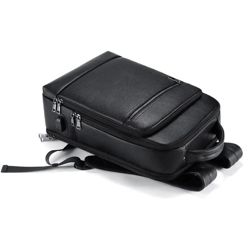 Black genuine leather men's business computer backpack with curved shoulder straps