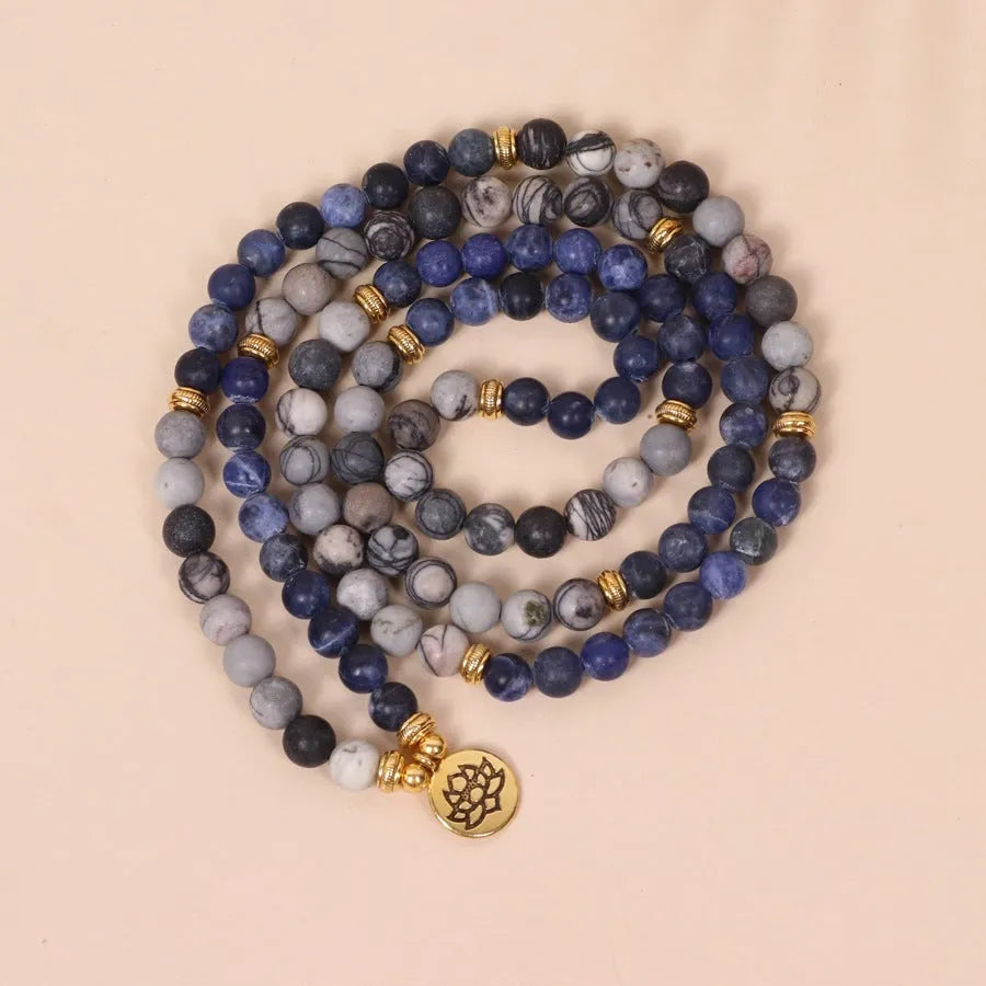 Multi layer bracelet with blue patterned network stone beads in fresh and sweet natural style