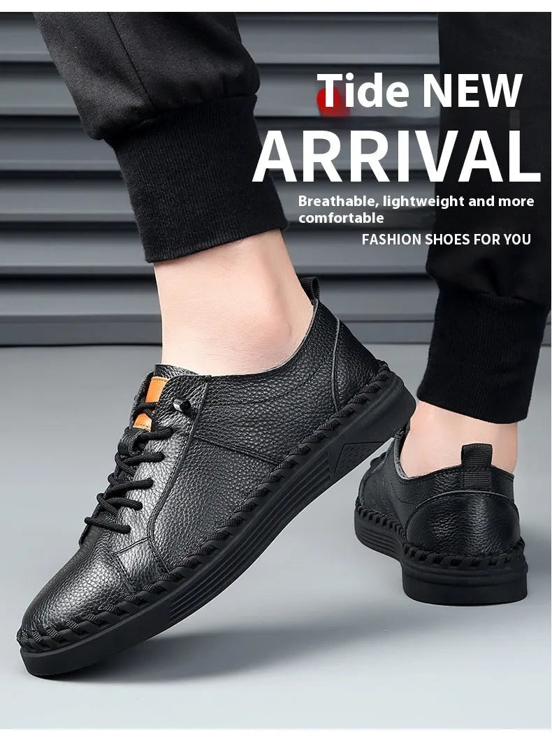 Men's beige and black cowhide sneakers with round toe and mesh lining