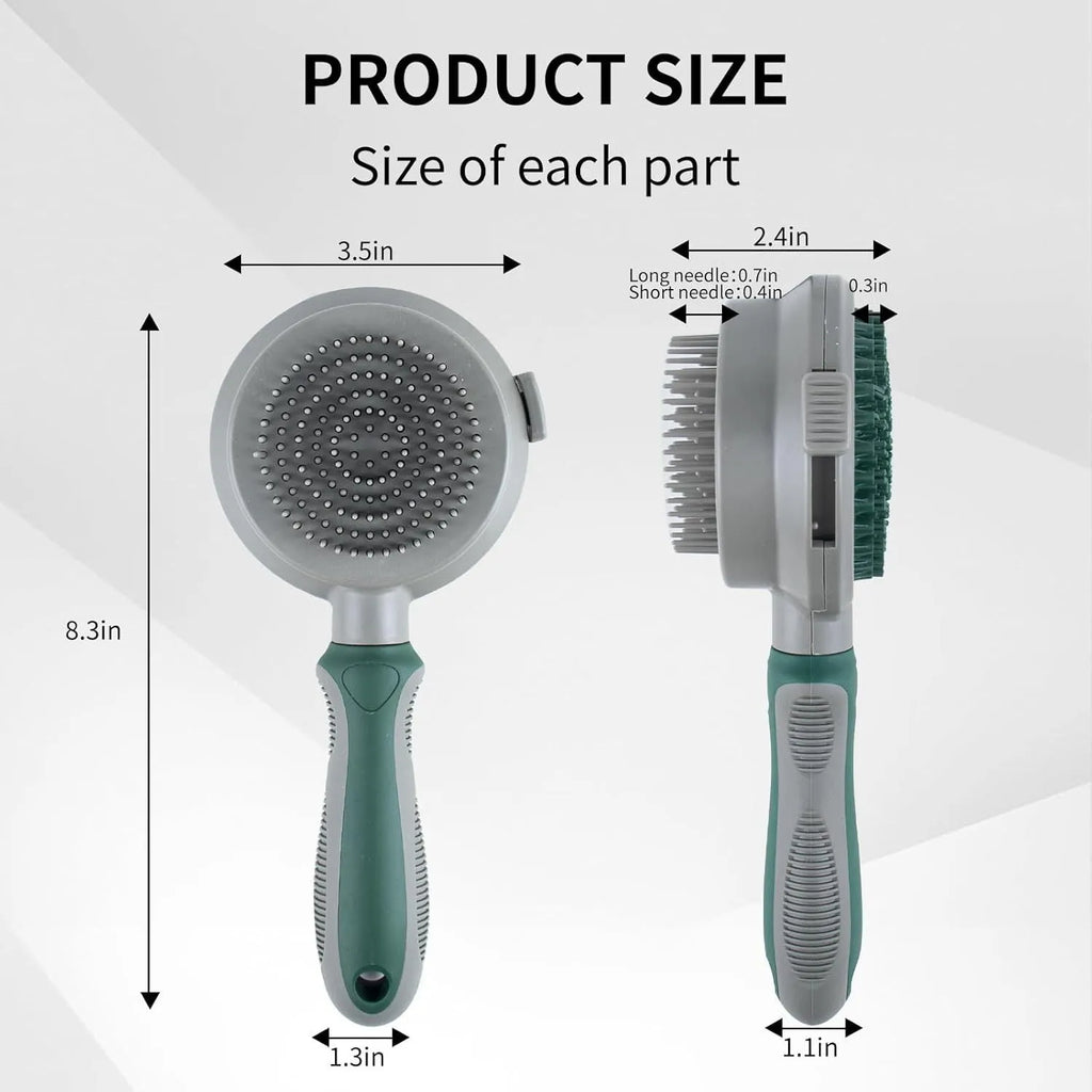 Two-sided silicone cat hair brush with retractable slicker and octopus-teethed massager in green or pink