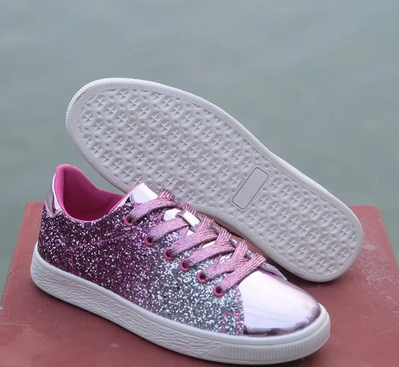 Women's colourful sequin casual shoes in black, gold, or pink with round toe and lace-up design