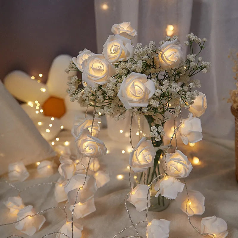 Battery-powered LED rose lights with PV foam construction for indoor holiday decoration in multiple colour options