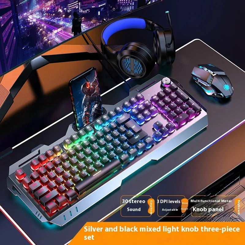 Aluminium alloy mechanical keyboard with programmable control knob in metal grey with rainbow backlighting