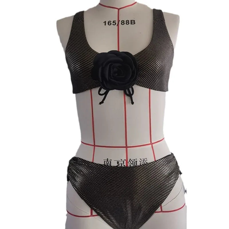 Black polyester triangle bikini swimsuit for women with sleeveless 3D stereo design