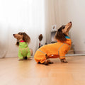 Waffle dachshund pullover, four-legged warm pet clothing in green or orange, sizes XS to XXL