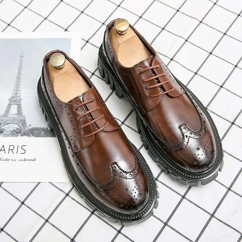 Men's black and brown brogue business shoes with round toe and artificial PU uppers