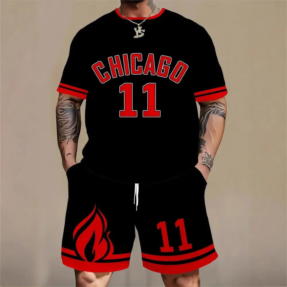 Men's 3D printing sports suit with short sleeves and shorts in polyester, sizes XS to 6XL