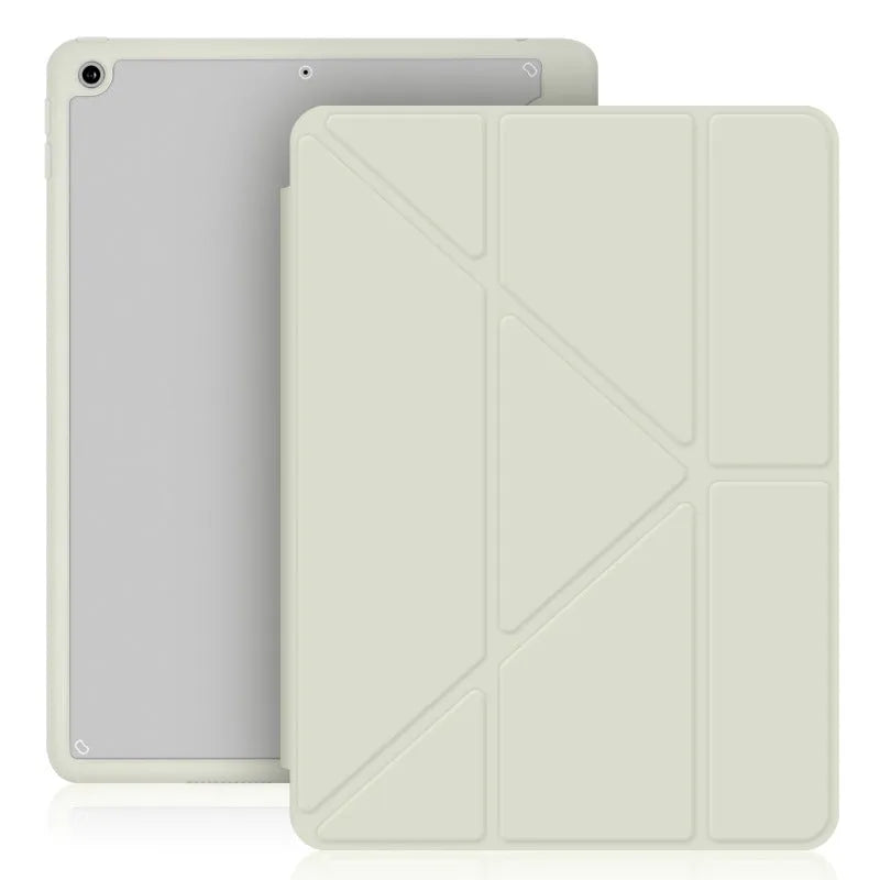 iPad acrylic Y folding protective case with pen slot in imitation leather, showing bracket function