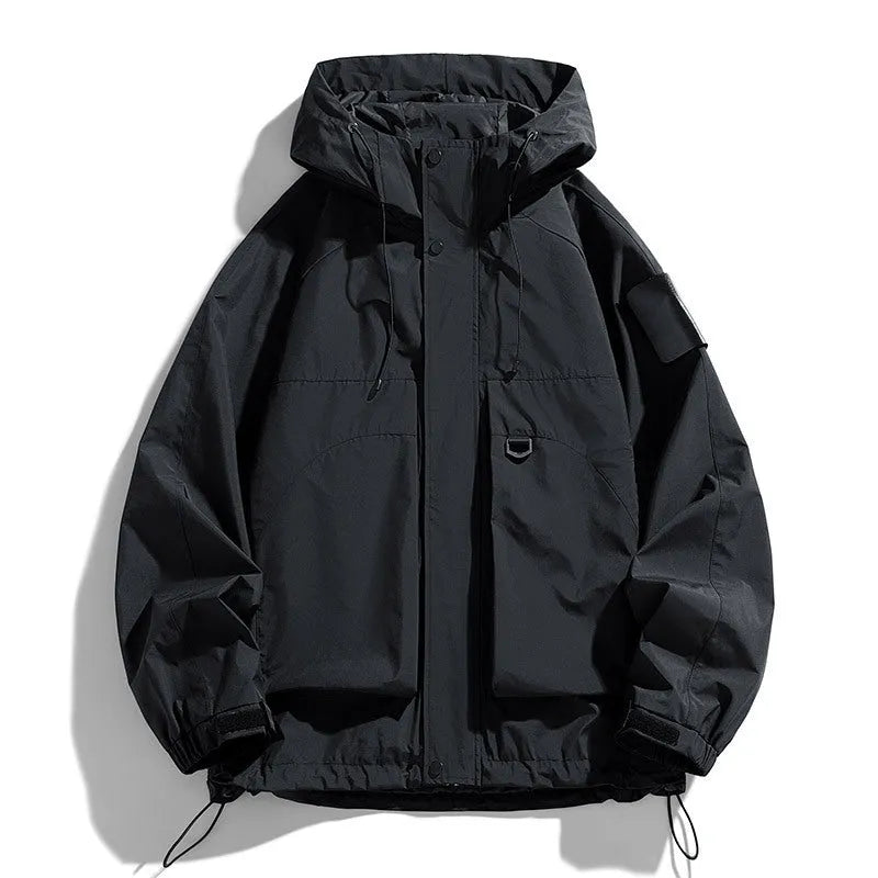 Men's hooded windproof waterproof jacket in black, ginger yellow, or purple, with regular length and long sleeves